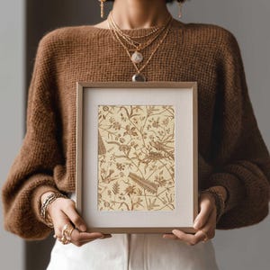 Sepia Botanical Wall Art – Vintage Cream Brown Printable Fabric – Leaf and Bird Pattern – Neutral Floral Print for Fall Decor