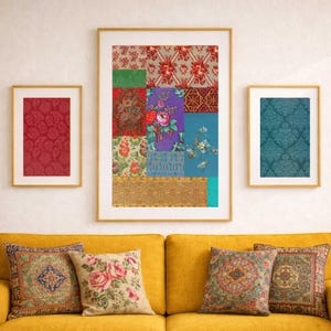 Puede incluir: Una colección de obras de arte enmarcadas y cojines. El arte presenta varios diseños florales y estampados en tonos rojos, turquesa y morados. Los cojines del sofá amarillo tienen patrones florales y geométricos.