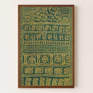 Tribale symbolen met strepen – Aziatische muurkunstdruk batik – groen en antiek goud