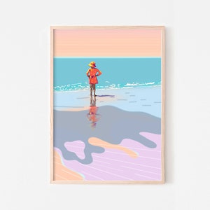 Colourful summer artwork downloadable, Retro beach print seaside picture, Kids nautical decor girl illustration, Pastel ocean wall art funky zdjęcie 3