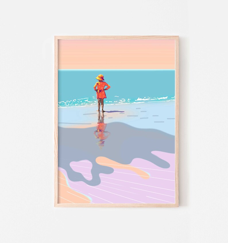 Colourful summer artwork downloadable, Retro beach print seaside picture, Kids nautical decor girl illustration, Pastel ocean wall art funky zdjęcie 3