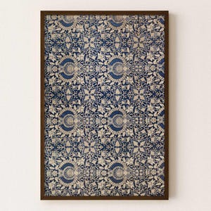 Javanesisk Ceplok-stjärna – Batiktextilväggkonsttryck – Marinblå och naturlig bomull