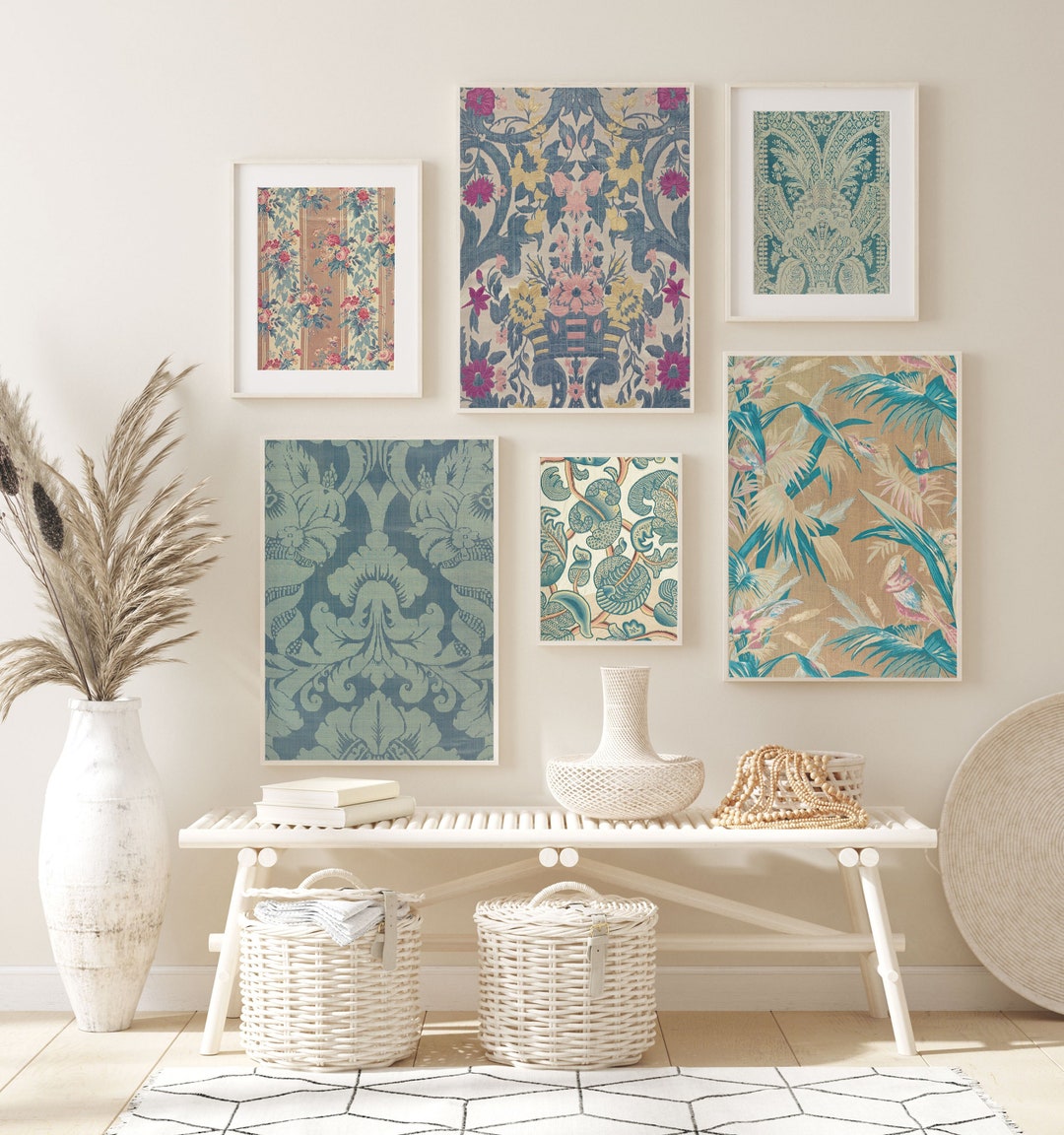 Teal Gallery Wall Set of 6 Printable Vintage Textile Prints - Etsy