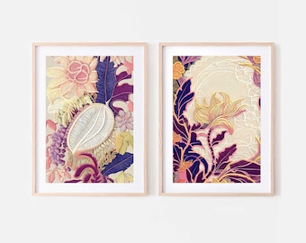 Boho floral tapestry set of two prints , Downloadable bohemian folk textile print, Tropical flowers exotic fruit  Hawaii wall art