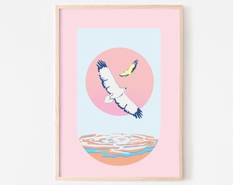 Sea eagle digital illustration graphic print, downloadable art, retro style ocean themed artwork in pastel pink light blue and white