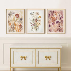 Conjunto de 3 impresiones descargables de flores de otoño, tríptico de arte mural floral prensado con flores silvestres de otoño, popular ahora mismo en arte cottagecore de otoño.