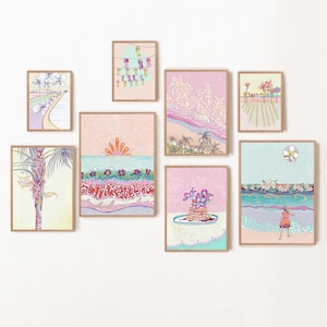 Pastell rosa tropisch Küsten Galeriewand-Set - Boho Sommer Digitaler Download - Mädchen Wunderliches Ozean Poster Bündel - Künstler Illustrationen