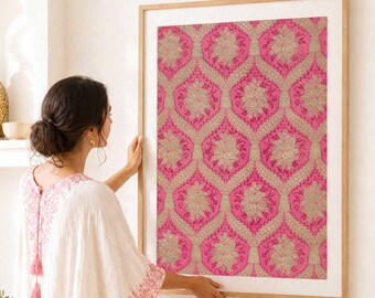 Moroccan Antique Textile Print - Raspberry Pink Gold Geometric Pattern