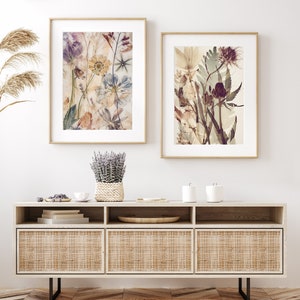 Wildflower botanical prints set of two, Dried pressed flowers printable wall art, Organic wall decor, Modern floral art in muted colours image 2