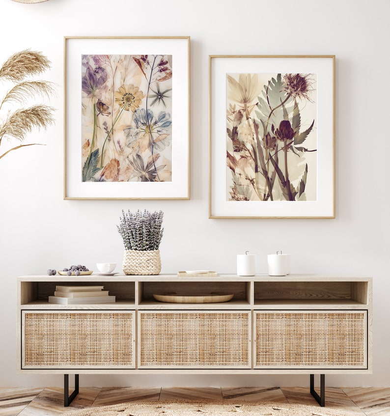 Wildflower botanical prints set of two, Dried pressed flowers printable wall art, Organic wall decor, Modern floral art in muted colours image 2