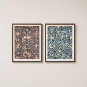 Kever en rivierkreeft – Set van 2 Indonesische batiktextiel muurkunstprints – indigo en koper