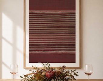 Woven Horizontal Stripe Sumatran Ikat - Textile Wall Art Print - Dark Red Burgundy & Antique Gold