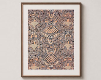 Moth Sinawur Motif – Indonesian Batik Textile Wall Art Print – Terracotta & Navy