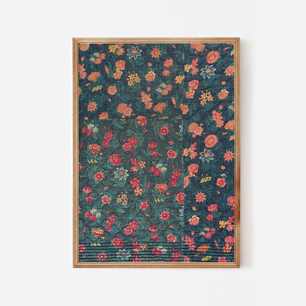 Vintage fabric wall art print download - Antique floral textile dark green teal flowers pattern - French cottage bohemian artwork printable