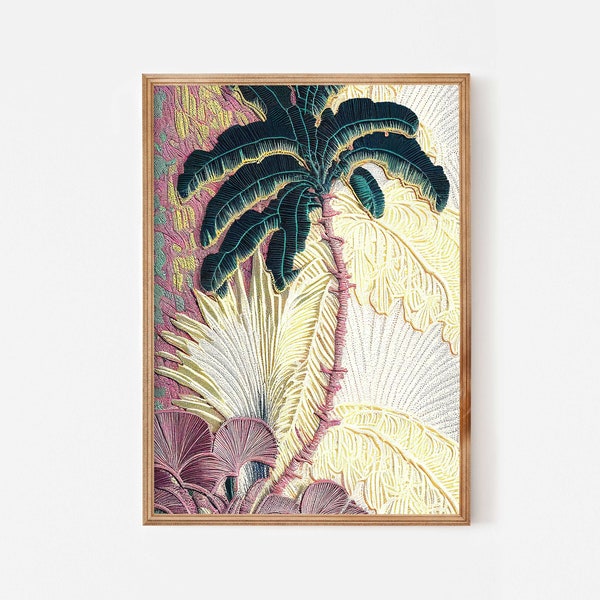 Woven palm tree print, Tropical wall art, Bohemian tapestry, Boho vintage decor, Botanical pattern elegant artwork in emerald green mauve