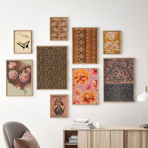 Warm brown orange gallery wall set of 9 downloadable prints - Eclectic wall art bundle boho mix - Antique textiles vintage flower paintings