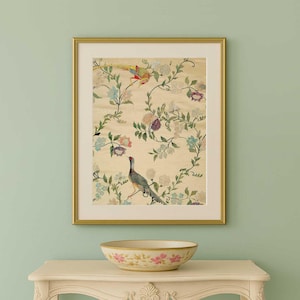 Birds and flowers French antique painting,  downloadable print vintage textile wall art,  bohemian picture old