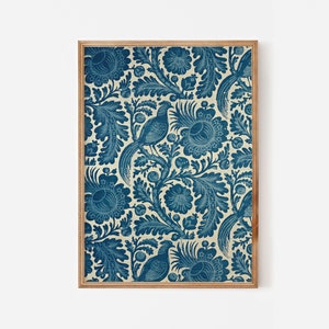 Indigo blue dyed printable textile art - Downloadable print abstract flowers bird vintage wall art - Victorian English flowers boho artwork