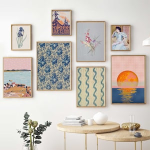 Navy blue gallery wall prints set downloadable art bundle - Antique flowers set of 8 pictures - Bohemian artwork collection vintage wall art