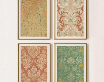 May include: Four framed art prints with gold frames. The prints feature vintage-style patterns in shades of orange, red, and green. The patterns include floral and paisley designs, adding a touch of classic elegance to any space.