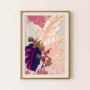 Abstracte tropische bladeren afdrukbaar, botanisch schilderij digitale kunst, felroze paarse boho natuur muurafdrukken, vintage bloemmotief