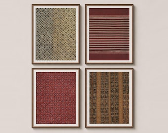 May include: A set of four framed wall art prints featuring textile patterns. The top left shows a gold and black geometric design, the top right has horizontal red and white stripes, the bottom left displays a red grid pattern, and the bottom right features vertical brown and black stripes.