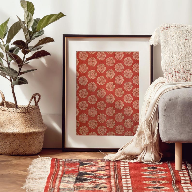 Roter antiker indischer Blockdruck Floral - Folklore Textildruck - Vermillion & Beige Bild 7