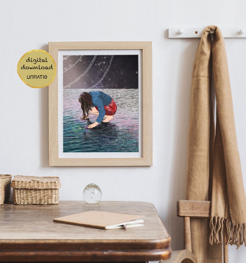 Illustrated woman by the sea modern ocean artwork Surreal female wall art celestial downloadable print Printable art boho nautical decor