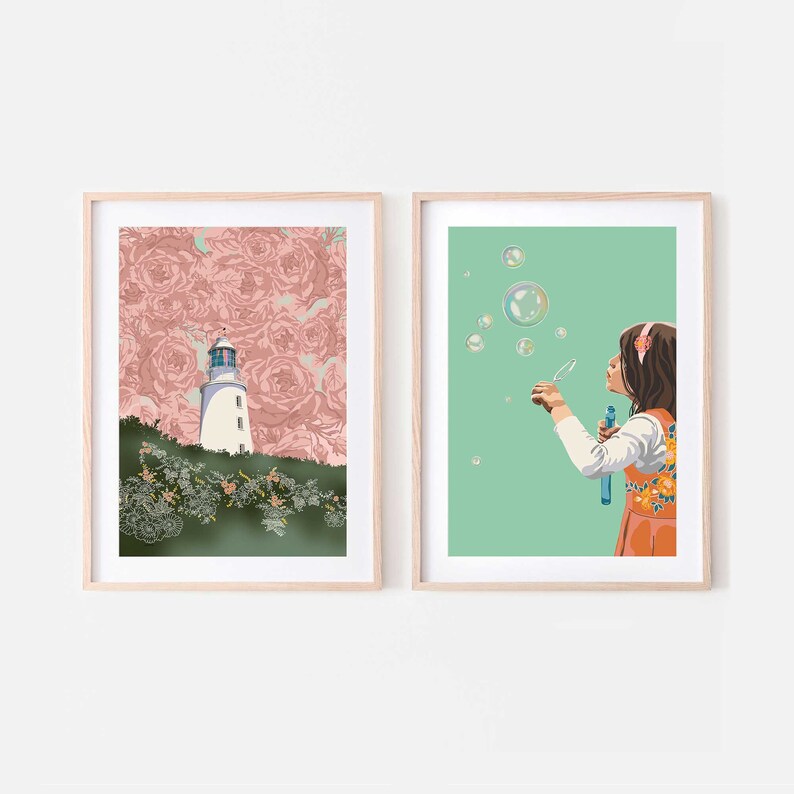 Set of 2 prints whimsical artwork downloadable art print set Pink and green girls bedroom lighthouse Two piece wall art poster pair A1 image 1