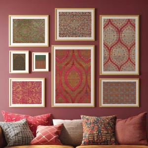 Turkish Ottoman Gallery Wall Set of 8 – Red Gold Textile Prints – Antique Islamic and Persian Wall Art (Digital Download)