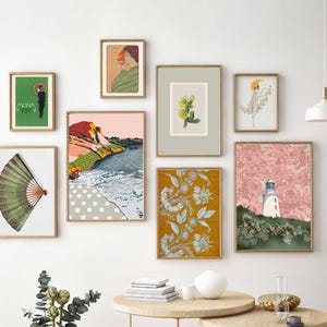 Green blush pink gallery wall set eclectic prints downloadable - Mix vintage wall art and modern illustration - Set of 8 boho artwork bundle