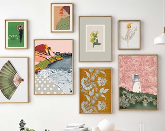 Green blush pink gallery wall set eclectic prints downloadable - Mix vintage wall art and modern illustration - Set of 8 boho artwork bundle