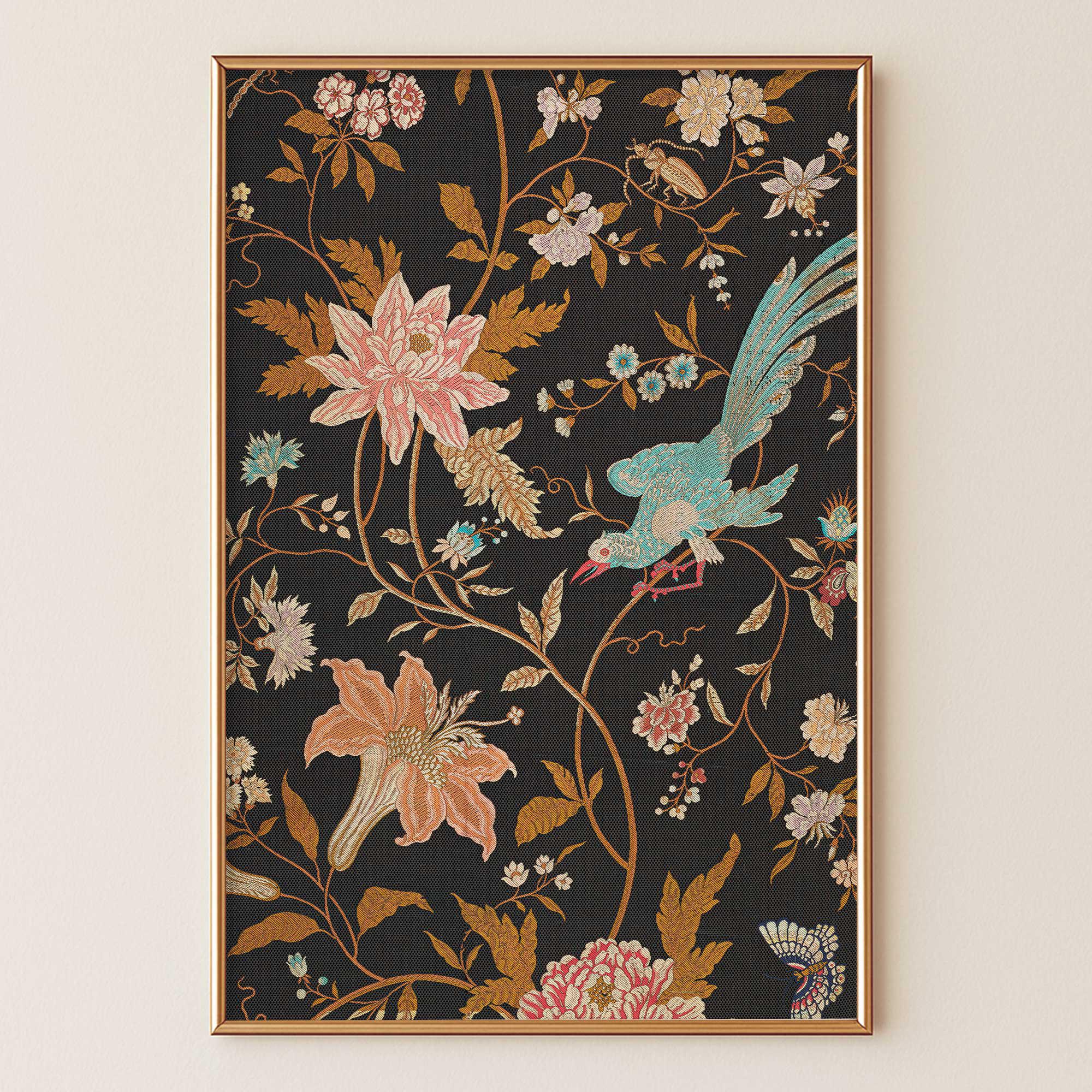 シノワズリタペストリーロココ調装飾、アンティークテキスタイル鳥壁