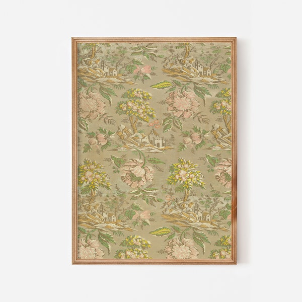 Antique Spanish tapestry printable art - Classic textile prints floral pattern - Boho wall decor olive green yellow pink fabric wall art