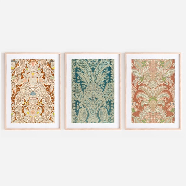 French bohemian gallery wall print set of  3, Downloadable art prints, Feather patterned vintage artwork bundle