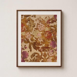 Warm Brown Velvet Print - Antique Tapestry Textile Wall Art - Burnt Copper Blush & Beige