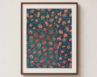 Chintz verde azulado vintage - Láminas textiles florales francesas antiguas para pared - Verde oscuro y rojo coral
