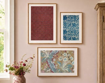 Pájaros y flores - Juego de 3 láminas textiles para pared - Borgoña e índigo (Descarga digital)