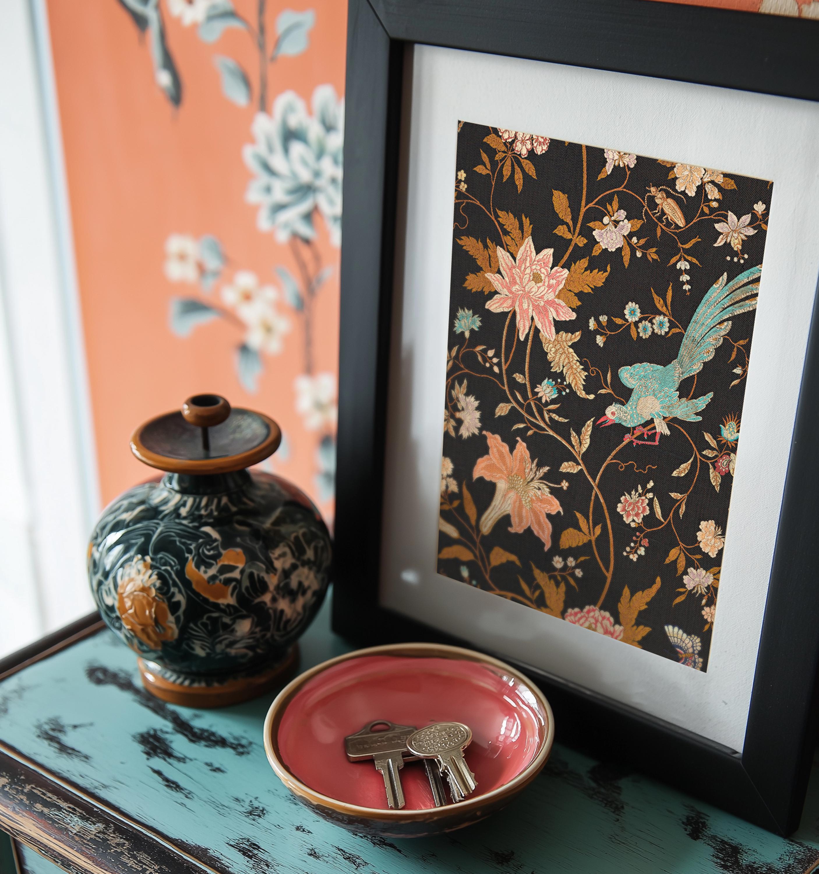 シノワズリタペストリーロココ調装飾、アンティークテキスタイル鳥壁