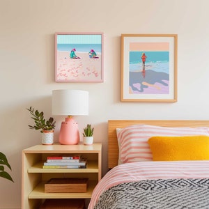 Colourful summer artwork downloadable, Retro beach print seaside picture, Kids nautical decor girl illustration, Pastel ocean wall art funky zdjęcie 9