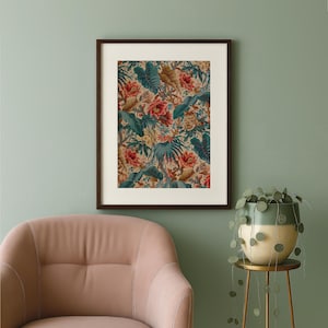Floral botanical wall art downloadable print - Vintage textile artwork,  tropical boho art print with red flowers and teal leaves