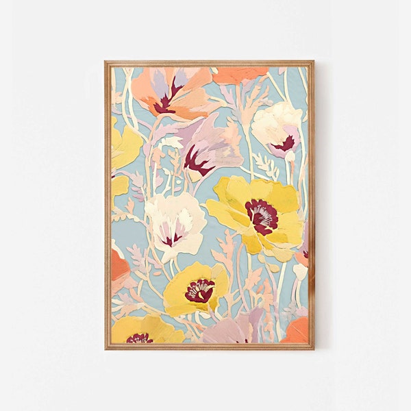 Sunny yellow poppies spring floral poster, Printable wall art, Light blue pastel colours, Modern botanical art, Flowers digital painting