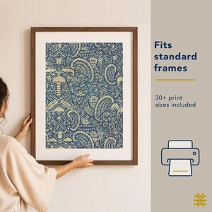 Print and frame Crayfish Batik with ease. This printable antique textile wall art download includes multiple standard sizes to suit common poster and picture frames.