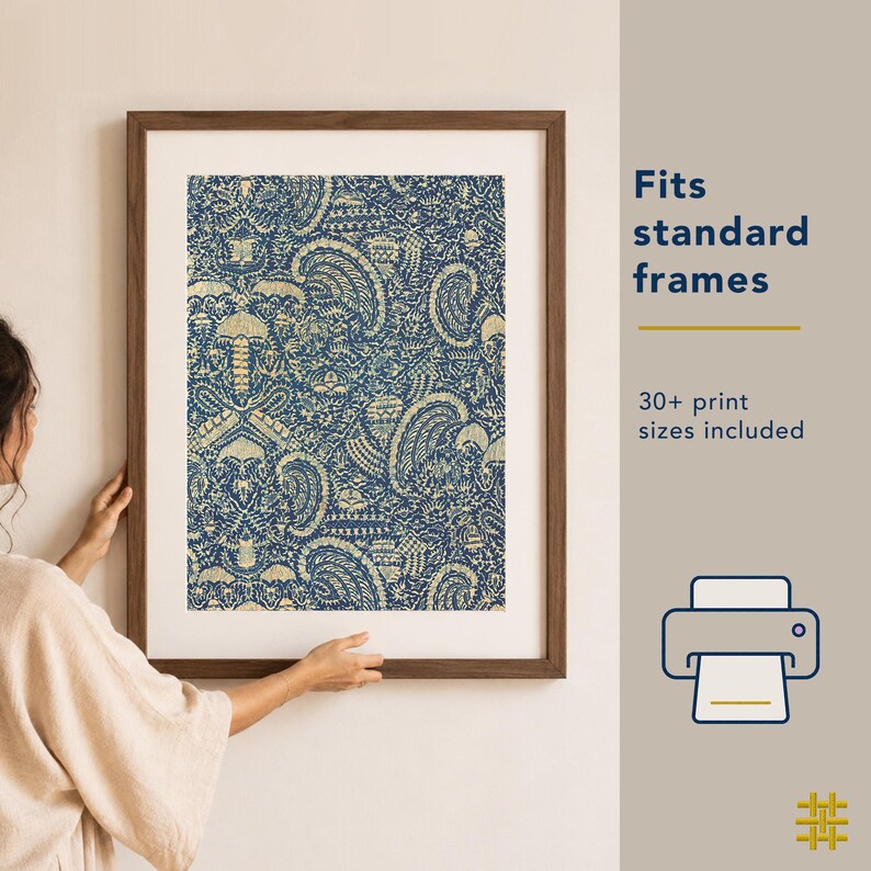 Print and frame Crayfish Batik with ease. This printable antique textile wall art download includes multiple standard sizes to suit common poster and picture frames.