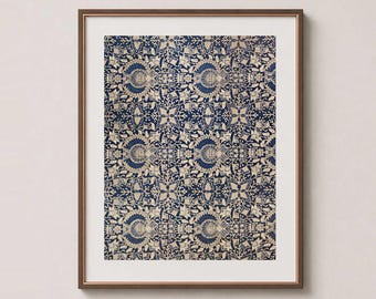 Javanese Ceplok Star – Batik Textile Wall Art Print – Navy Blue & Natural Cotton