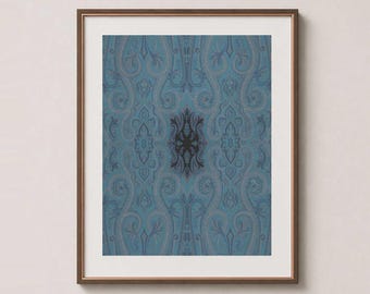 May include: A framed wall art print featuring a symmetrical blue paisley pattern with intricate swirling motifs and a dark central element. The artwork is encased in a thin, dark brown wooden frame, presenting a repeating decorative design.