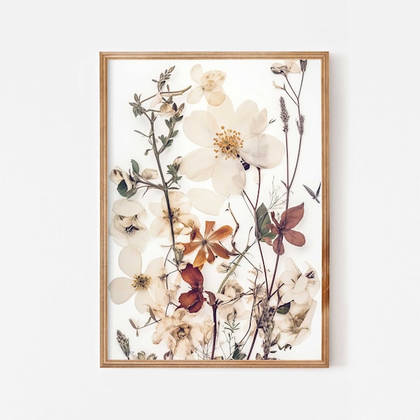 Jasmine flowers dried wildflowers print, Downloadable pressed flowers art, Warm color neutral botanical poster, Australian native floral art