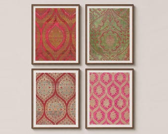 May include: A set of four rectangular wall art prints in dark brown frames, each featuring a distinct intricate textile pattern. The designs include vibrant magenta, deep green, and red colour palettes with repeating symmetrical floral motifs.