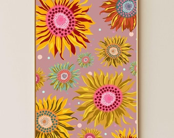 Funky sunflower retro flowers | Downloadable print | 70s floral wall art in mustard yellow | Maximalism aesthetic graphic illustrated poster