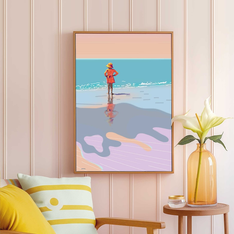 Colourful summer artwork downloadable, Retro beach print seaside picture, Kids nautical decor girl illustration, Pastel ocean wall art funky zdjęcie 2